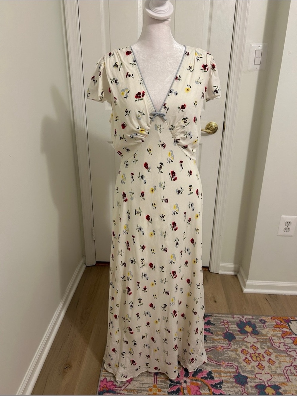 Gap x Doen Pansy Floral Blue Trimmed Tie Midi Dress New Size 4 Cottagecore - Picture 8 of 16